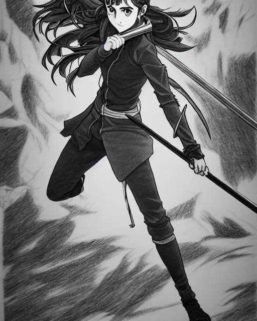 Image similar to a very detailed pencil drawing of emma watson in demon slayer manga panel, action lines, in field high resolution, dynamic pose, landscape, portrait, action, hyper realistic, manga, koyoharu gotouge, sakuga