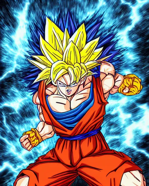 Image similar to detailed intense colorful illustration scene of brute super goku powering up turning into a super saiyan by dominic glover