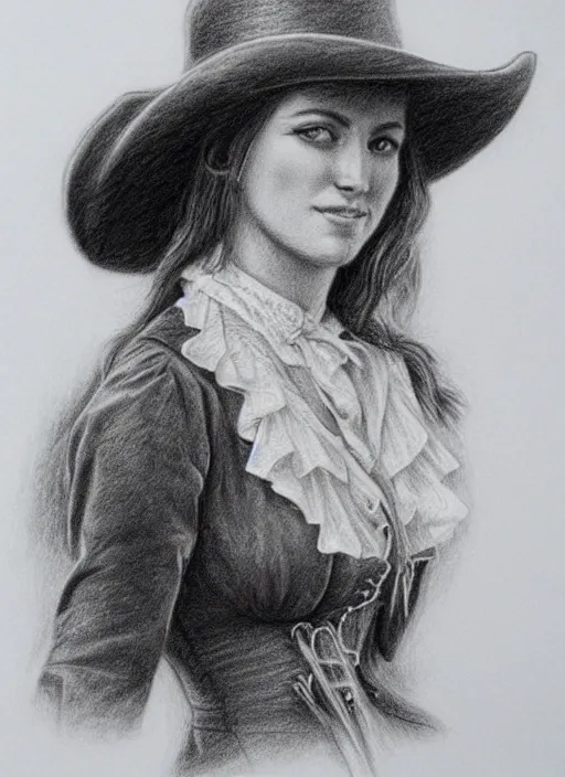 Image similar to 1 8 0 0 s style full body detailed pencil drawing of a cowgirl beautiful face, realistic