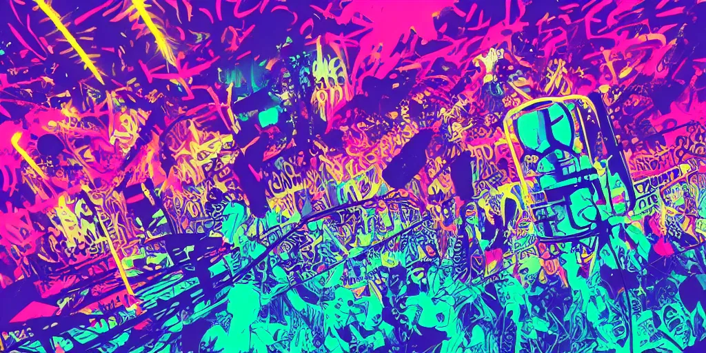 Image similar to rapping into microphone silhouetted against psychedelic lightning, silhouettes, huge crowd, digital art, vapor wave, hip hop, graffiti, trending on Artstation, professional artist, detailed, 4k