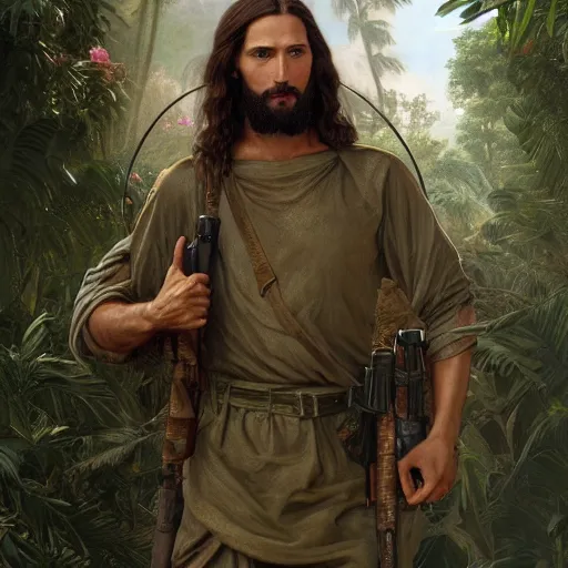 Prompt: an extremely detailed matte painting of a ridiculously good looking jesus that looks like a jewish gigachad in the vietnam war, ballistic helmet that says'born to save ', long curly hair, camouflaged gear, very detailed, jungles of vietnam beautiful, intricate, cinematic, artstation, william bouguereau, alphonse mucha, greg rutkowski, octane render