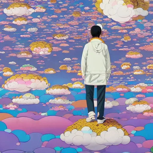 Image similar to a man walking on clouds above kyoto by takashi murakami, beeple and james jean, aya takano color style, 4 k, super detailed