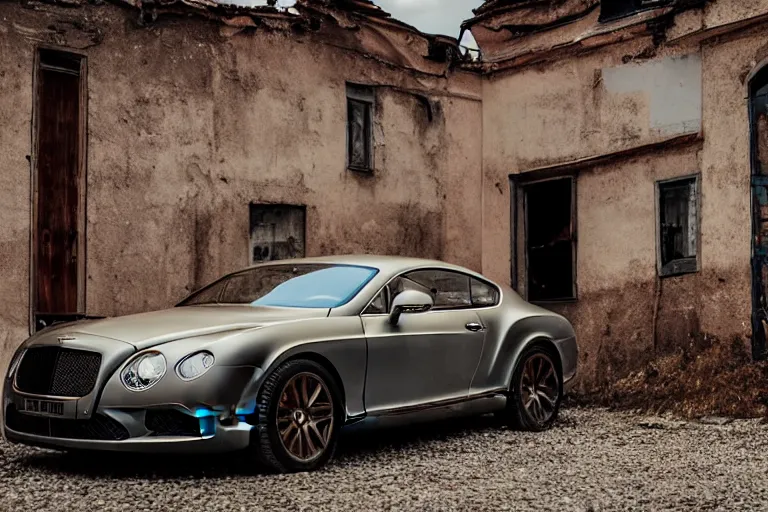 Image similar to modern rusty matte tired Bentley Continental GT without gloss no reflections drives along the road of an old Russian village with houses at the edges