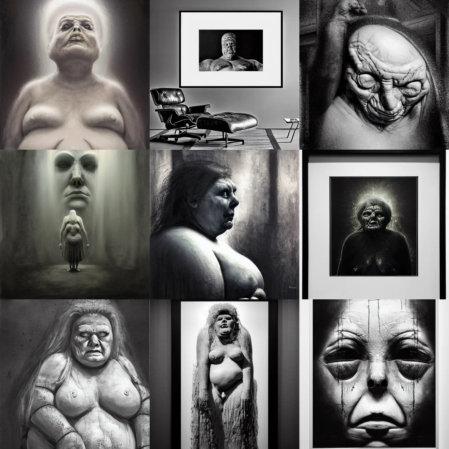 Prompt: portrait of big old sumoringer as despair from sandman, in a white void with empty frames all around her, venus of willendorf, by jeremy mann, by gregory crewdson, sad face, black hair, white room, soft lightning, high detailed, 8 k