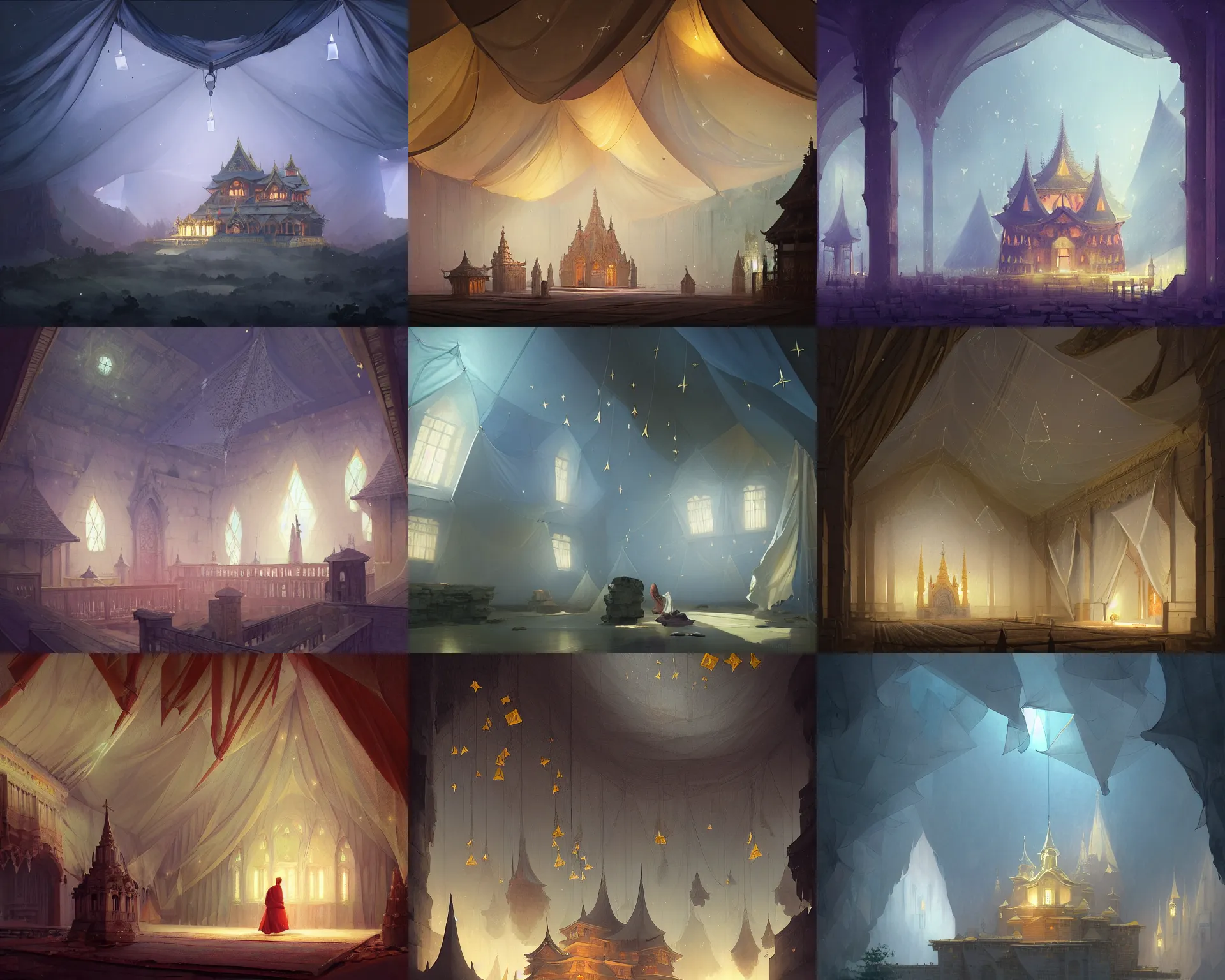 Prompt: polygonal monastery with giant walls and hanging tarp ceilings showing the stars and hanging silk drapery, light dust, magnificent, close up, details, sharp focus, elegant, highly detailed, illustration, by Jordan Grimmer and greg rutkowski and PiNe(パイネ) and 薯子Imoko and 香川悠作 and wlop and maya takamura, intricate, beautiful, Trending artstation, pixiv, digital Art