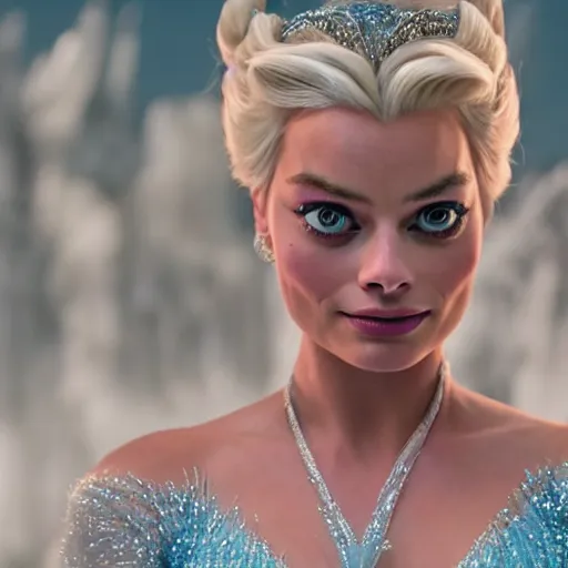 Image similar to Margot Robbie as Elsa in disney frozen live action, 8k full HD photo, cinematic lighting, anatomically correct, oscar award winning, action filled, correct eye placement,