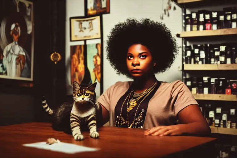 Prompt: 2 0 2 2 photo, close up portrait, dramatic lighting, concentration, calm confident african american teen witch and her cat, tarot cards displayed on the table in front of her, sage smoke, magic wand, a witch hat and cape, apothecary shelves in the background, alphonse mucha