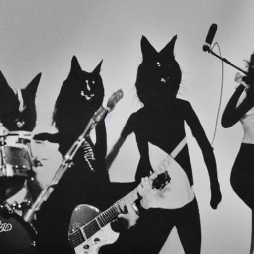 Prompt: concert photo of a rock band of cats, 80s, performing on stage