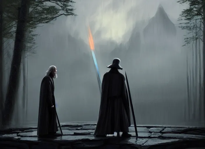 Image similar to gandalf throwing magic at darth vader, beautiful landscape, dramatic lighting, cinematic, establishing shot, night time, heavy rain, extremly high detail, photorealistic, cinematic lighting, post processed, concept art, artstation, matte painting, style by greg rutkowsky