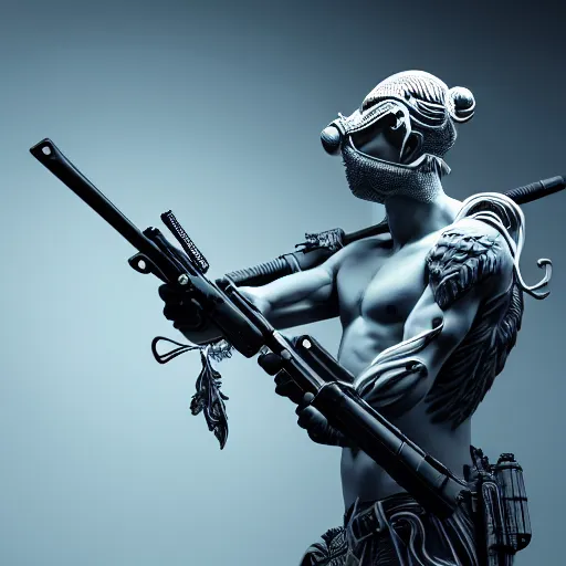 Prompt: cupid wearing balaclava mask, holding a gun an ultrafine hyperdetailed illustration by kim jung gi, irakli nadar, intricate linework, neon wiring, porcelain skin, unreal engine 5 highly rendered, global illumination, radiant light, detailed and intricate environment h 6 4 0