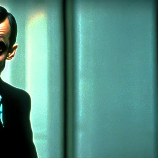Prompt: mr. bean as agent smith from the matrix. movie still. slow motion. cinematic lighting.