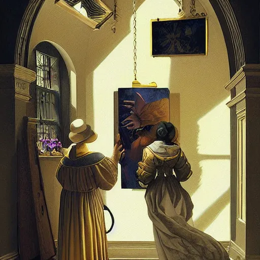 Image similar to beautiful painting of science, spatial space deformation in latent space, math art, by artgerm and dan mumford and vermeer and gustave dore