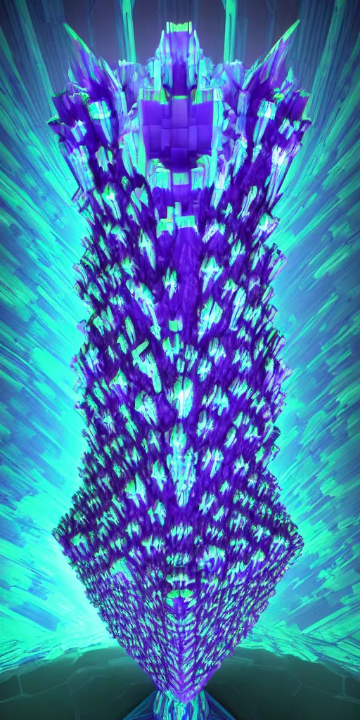 Image similar to 3 d photographic render of a deconstructed asymmetric mandelbulb sculpture, blue bioluminescent chrometype, made of liquid purple metal, neotribal with thorns and green thunders, cyberpunk pyramid, raytraced, hyper realistic, volumetric lightning, 8 k, by zhelong xu and michelangelo