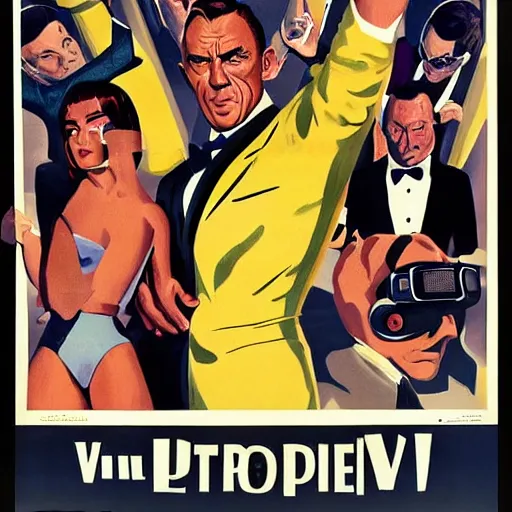 Image similar to a james bond style pulp poster illustration of wrestlers wearing a vr headset, shrugging arms, movie premiere poster, close up, portrait, dramatic, 1 9 6 0 s, highly detailed