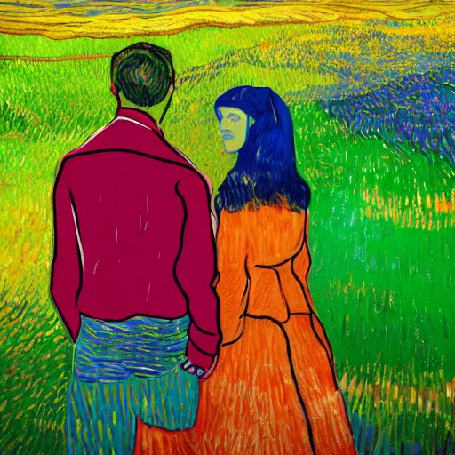 Image similar to A dreaming person sees another far away person above a colourfull van Gogh style field while both person are surrounded by a colourful wind aura around their chests, dream, 40nm lens, shallow depth of field, split lighting, 4k,