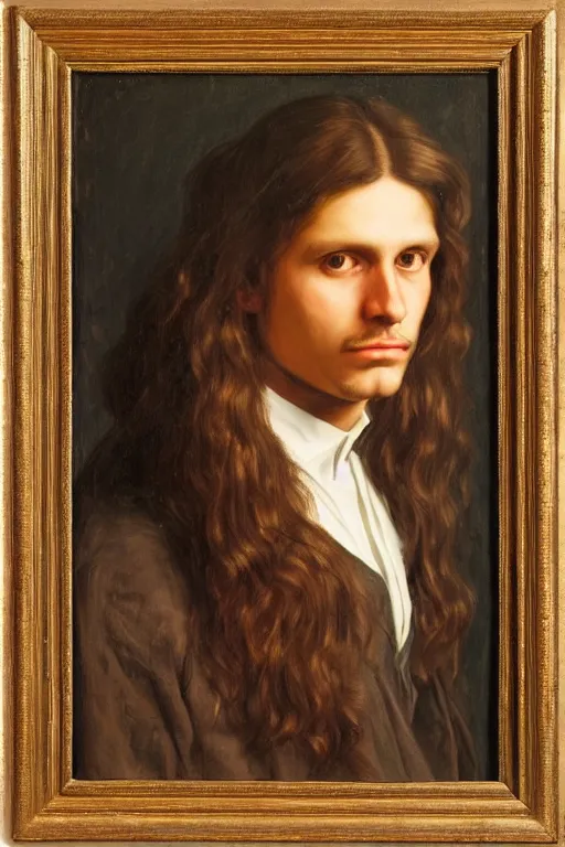 Image similar to a painting of a man with long hair, a portrait by Robert Lenkiewicz, cg society, pre-raphaelitism, da vinci, studio portrait, oil on canvas