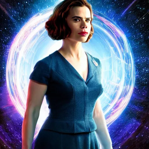 Image similar to a beautiful full body photograph of hayley atwell as'doctor who ', time vortex in the background, detailed face, symmetrical face, extreme realism and detail, 8 k, completely framed, direct lighting, 3 5 mm photo, photorealistic, sharp focus