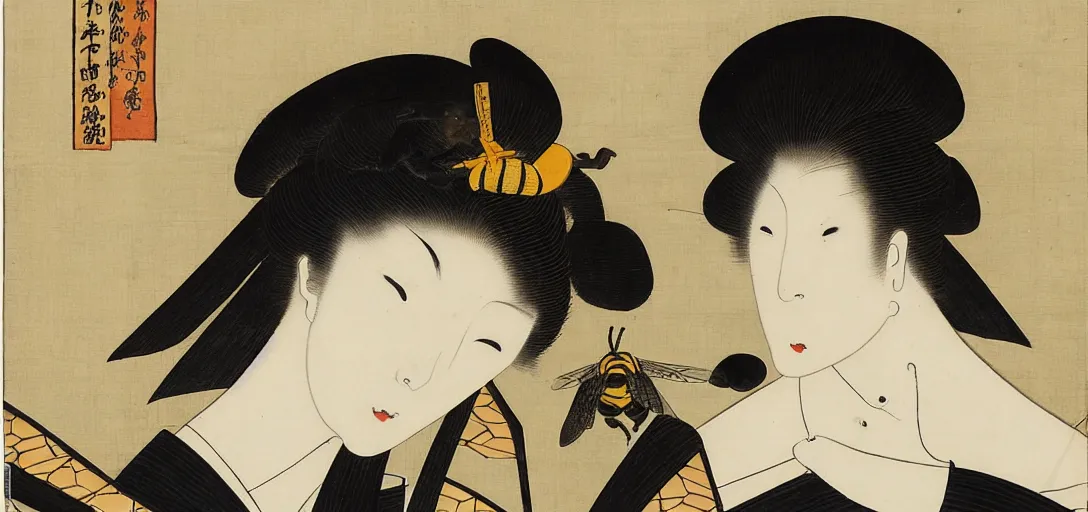 Image similar to a dark Shinigami 死神 by Kitagawa Utamaro, kintsugi, symmetrical, centered, of a bee with back-lit translucent glowing angels wings, rim light,