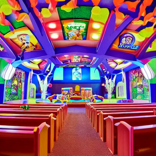 Image similar to photo of interior of a chuck e. cheese church cathedral