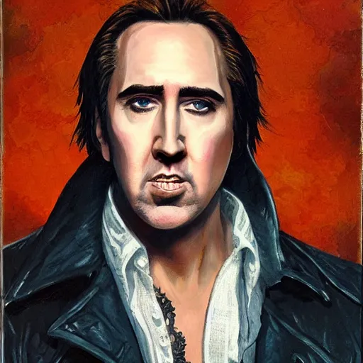 Prompt: a portrait of Nicholas Cage in the style of Gerald Brom