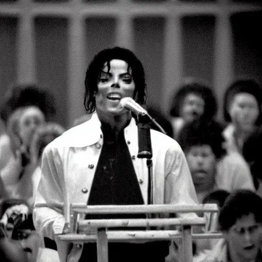 Image similar to cinematic still of Michael Jackson preaching at a Baptist Church in Atlanta in 1989, close up, shallow depth of field, cinematic