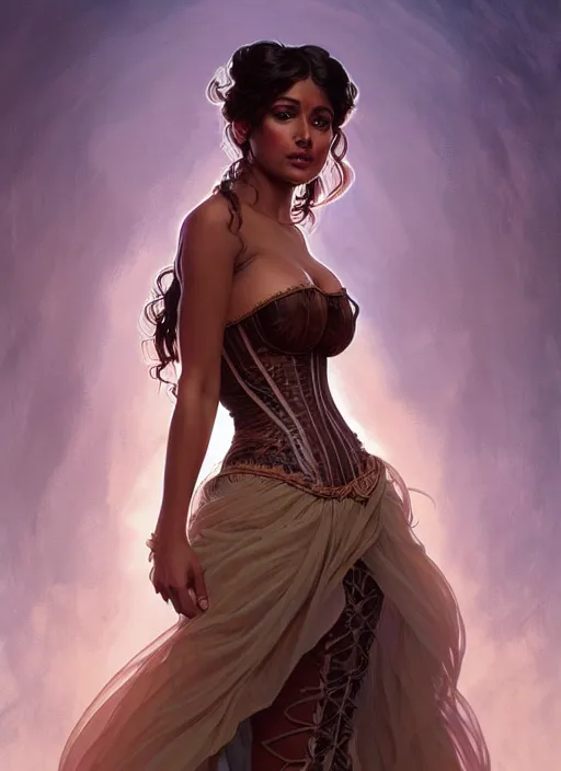 Image similar to cute brown woman wearing a translucent corset dress, fantasy, intricate, highly detailed, digital painting, artstation, concept art, wallpaper, smooth, sharp focus, illustration, art by artgerm and greg rutkowski and alphonse mucha