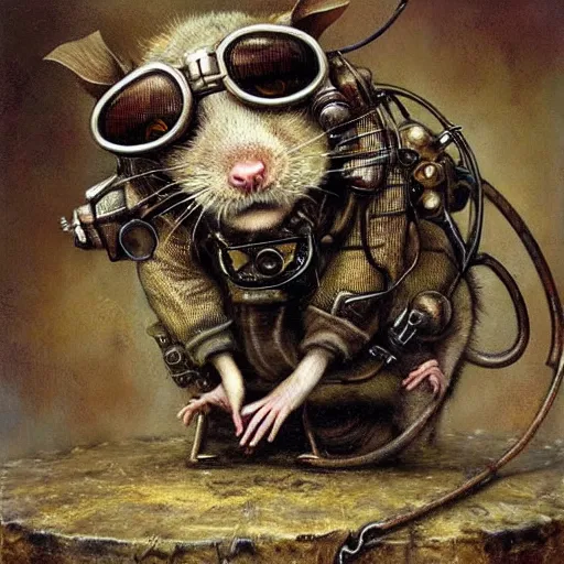 Image similar to A rat with steampunk goggles, by by Esao Andrews and Karol Bak and Zdzislaw Beksinski