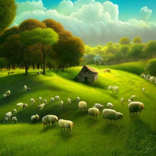 Prompt: sheep in pastoral scene, verdant valley, splendor, by gediminas pranckevicius