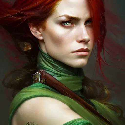 Image similar to Portrait of serious female ranger, D&D, green eyes, face, long red hair, fantasy, intricate, elegant, highly detailed, digital painting, artstation, concept art, smooth, sharp focus, illustration, art by artgerm and greg rutkowski and alphonse mucha