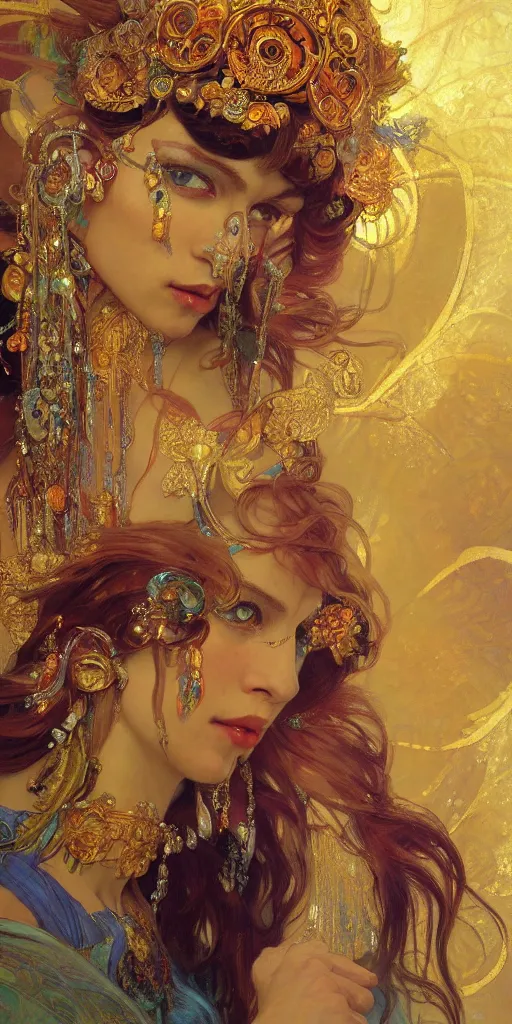 Image similar to an intricate painting of a beautiful goddess with an artistic pose, hyper - detailed, ornamental gold headpiece, octane render, vivid colors, artstation, by jeremy mann, by alphonse mucha, by boris vallejo, by gustav klimt