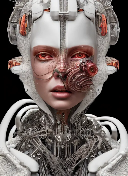 Image similar to portrait of an absurdly beautiful, graceful, sophisticated, fashionable cyberpunk mechanoid, hyperdetailed illustration by irakli nadar and vania zouravliov, matt wisniewski style, intricate linework, white porcelain skin, faberge, coral headdress, unreal engine 5 highly rendered, global illumination, radiant light, detailed and intricate environment