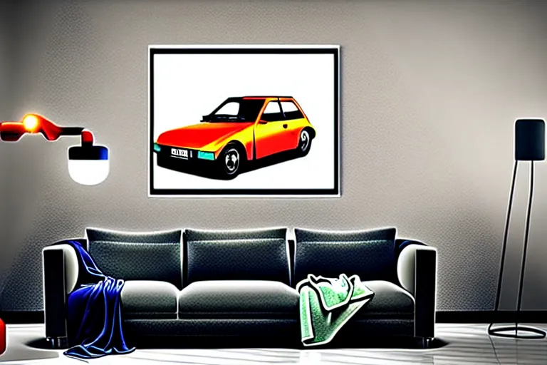 Image similar to designed by giorgetto giugiaro stylized poster of a yugo with thick neon lights as an ektachrome photograph with volumetric lighting cinematic