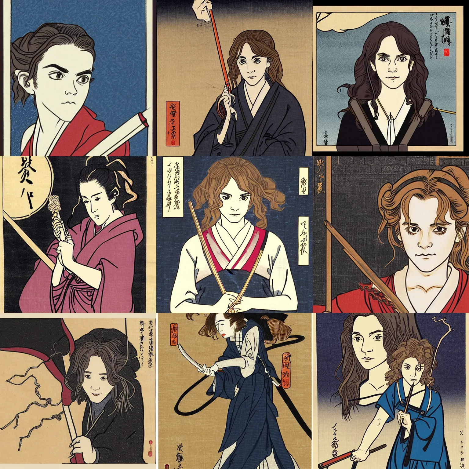 Prompt: Emma Watson/Hermione Granger with elder wand, pixta.jp, ukiyo-e style