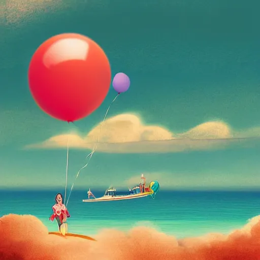 Image similar to digital art of plenty of birthday balloons floating above the sea. artstation cgsociety masterpiece