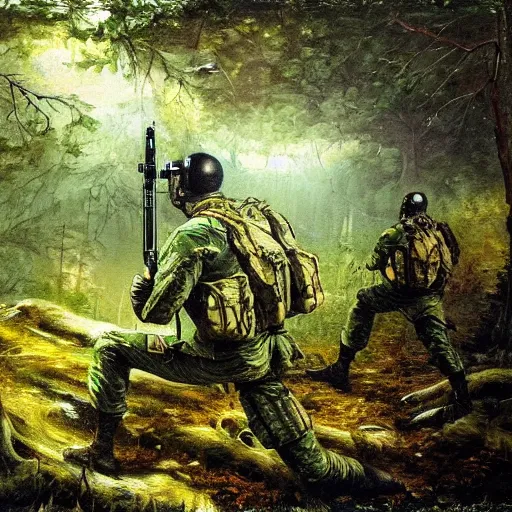 Prompt: high-tech military squad tracking a monster through a dark forest, oil painting, high detail, technical