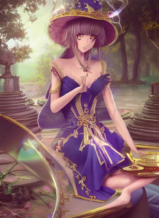 Image similar to a pleasant, beautiful, funny, smooth 3D CG render, semirealistic anime style, a noblepriestess magician girl wearing dress and jewelry, in a glorious magic kingdom, relaxing calm vibes, fairytale