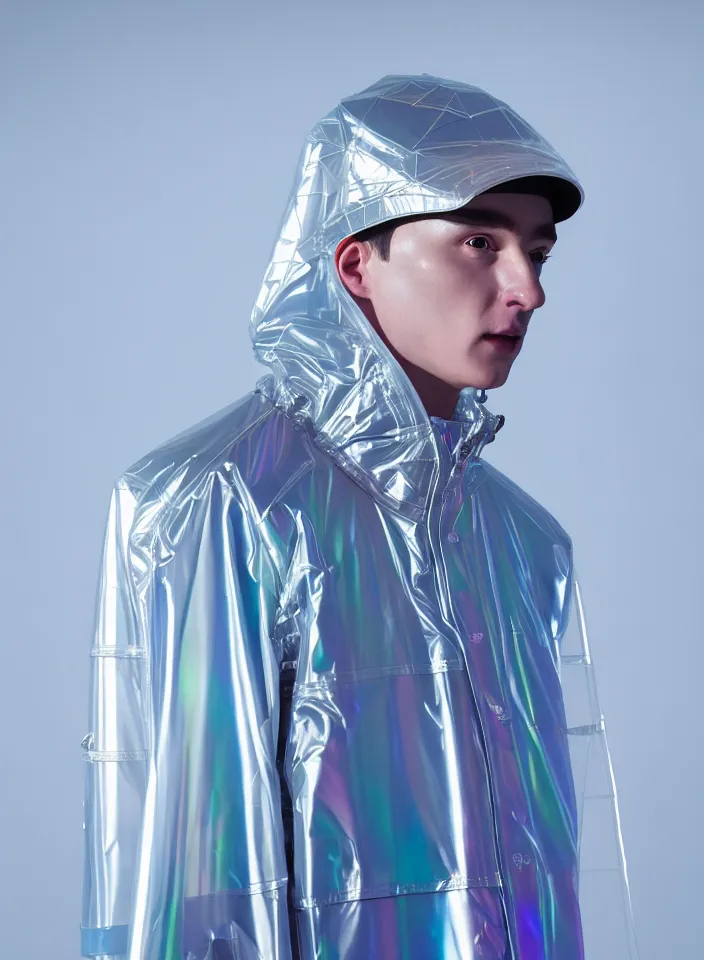 Image similar to an ultra high definition professional studio quality photograph of an artificially intelligent android influencer with silver skin wearing a transparent iridescent pastel coloured visor and matching wavey raincoat on white hook in a sheer icelandic black rock environment. three point light. dramatic lighting. volumetric shadows. light rays