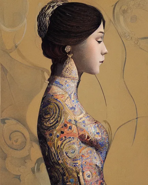 Image similar to “a painting of a female figure adorned with a dress created by calligraphic flourishes, ambient occlusion, ultra detailed, soft facial features, geometric array of shapes fading into the background, shallow depth of field, bokeh, subtle shadows, monochromatic color scheme, pops of color, pastel tones, hd”