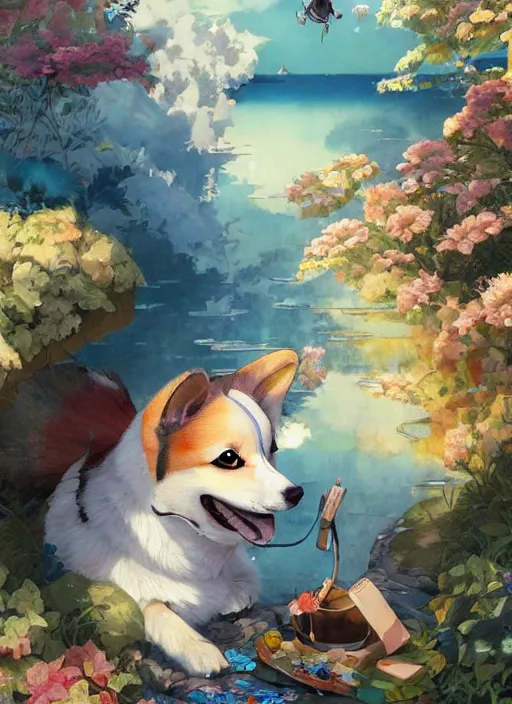 Image similar to beautiful fantasy anime painting of summer chill day with corgi, by Kenne Gregoire, James Jean, Tran Nguyen, WLOP, Jakub Rebelka. trending on Artstation, 8k, masterpiece, chill summer, graffiti paint, fine detail, full of color, intricate detail, golden ratio illustration