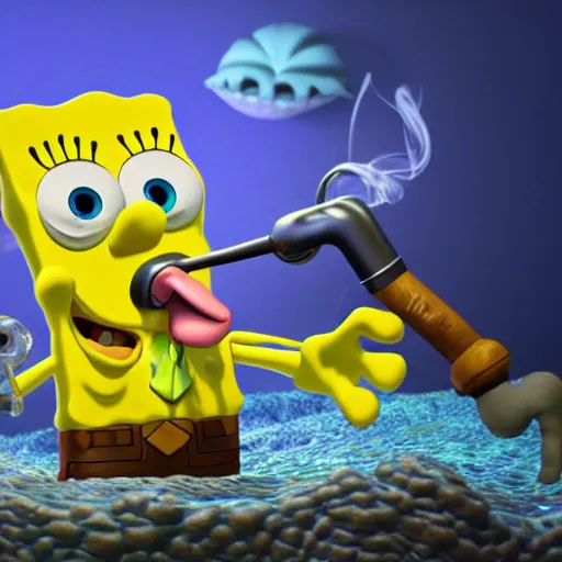 Image similar to a 3 d render of spongebob smoking a pipe under the sea, 3 d render, blender, pixar, disney