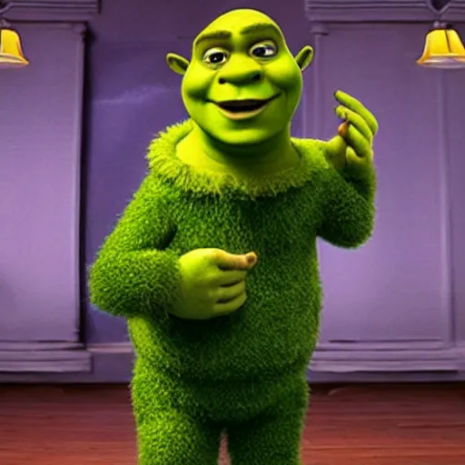 Prompt: shrek if he as a full - body puppet costume on sesame street