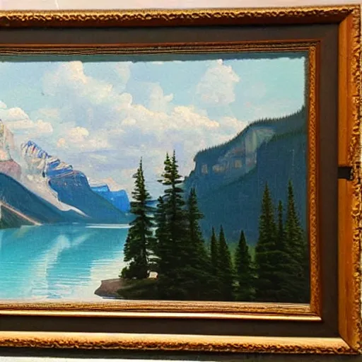 Image similar to Lake Louise in Banff National park, beautiful detailed landscape painting in the style of 19th century Hudson River school of Art