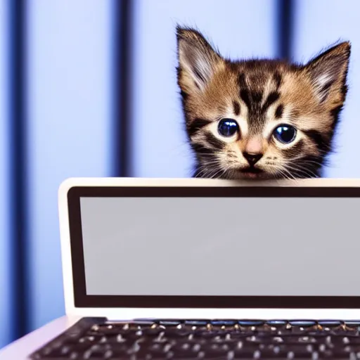 Image similar to an cute kitten is sticking its head out of a monitor of a laptop