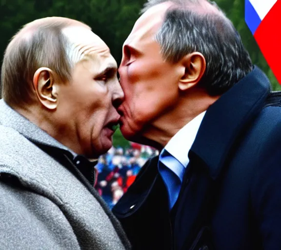 Image similar to vladimir putin kisses sergey lavrov, animals mating, lovely kiss, kiss mouth to mouth, romantic, emotional, love scene, insane details, clear face and eyes, textured, 8 k, professional photography, animal world, discovery channel