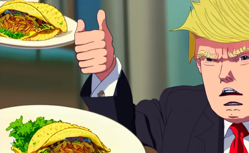 Image similar to beautiful makoto shinkai anime style digital film still portrait of donald trump giving a thumbs up behind a taco bowl, 4 k, 8 k, hd, high resolution, highly detailed, intricate detail, ultra realistic faces, digital art, trending on artstation, your name, weathering with you