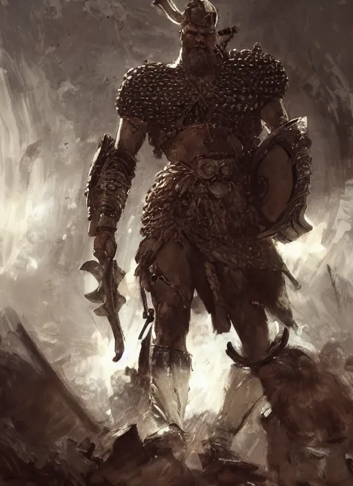 Image similar to ancient historically accurate depiction of the Bible Character Goliath of Gath, the Philistine warrior giant in ancient persian chainmail armor, dramatic lighting art by Yoji Shinkawa by Richard Schmid by greg rutkowski by Sandra Chevrier by Jeremy Lipking cinematic dramatic