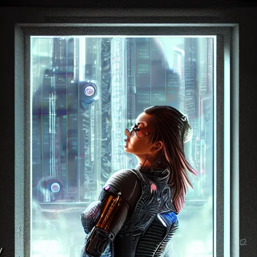 Prompt: portrait of cyberpunk woman looking out of a window, cyberpunk setting, futuristic, highly detailed, intricate lighting, digital painting, sharp focus, illustration, trending on artstation, art by steve argyle.