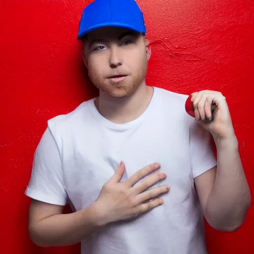 Image similar to a full body shot of an average white, short young - adult man with blue dyed hair, wearing a red backwards cap, white t - shirt with a red no symbol on it, blue long pants and red shoes, holding a microphone, studio lighting, photoshoot, grey background