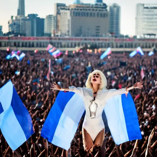 Image similar to Lady Gaga as president, Argentina presidential rally, Argentine flags behind, bokeh, giving a speech, detailed face, Argentina