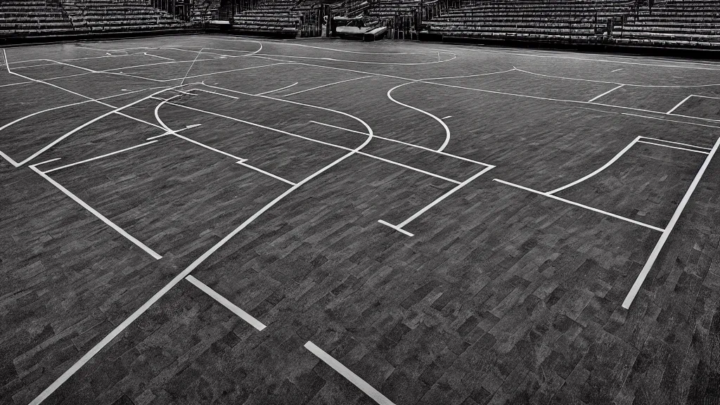 Image similar to a photograph the basketball court at the united center, in the styles of cameron look, andrew bernstein, and ansel adams. intricate, hyperrealistic, monochrome hdr, accurate court